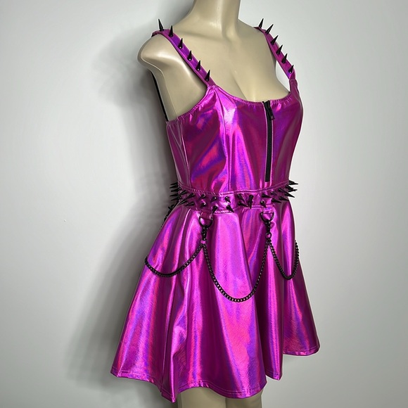 Widow from Dolls Kill purple iridescent dress with black spike and chain details - Picture 2 of 6
